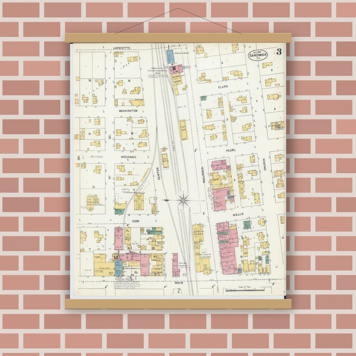 Old map wall art mockup — magnetic wood frame on brick wall — Sanborn Fire Insurance Map from Sandwich, De Kalb County, Illinois (1902), Sheet #0003