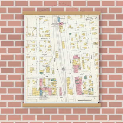 Old map wall art mockup — magnetic wood frame on brick wall — Sanborn Fire Insurance Map from Sandwich, De Kalb County, Illinois (1902), Sheet #0003