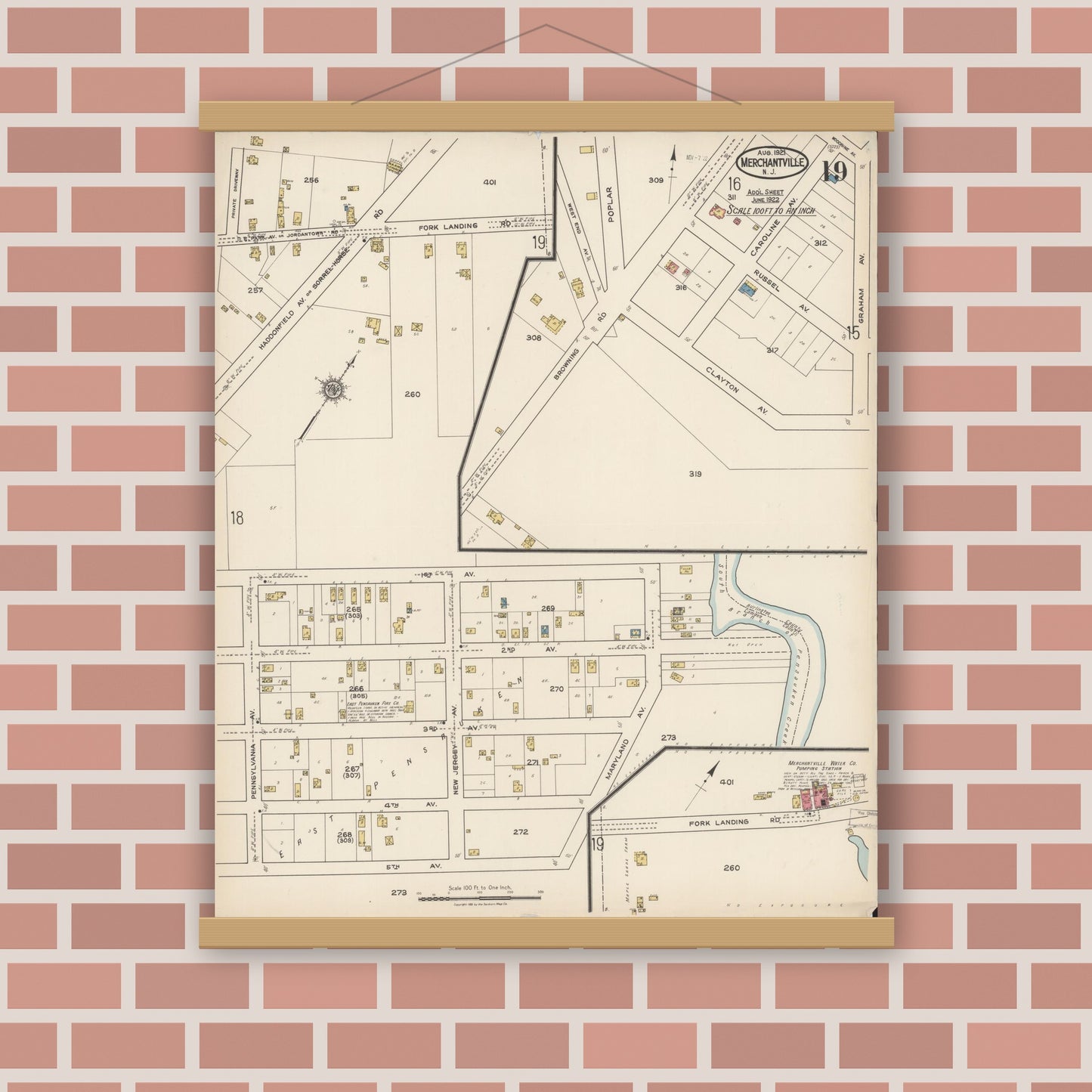 Old map wall art mockup — magnetic wood frame on brick wall — Sanborn Fire Insurance Map from Merchantville, Camden County, New Jersey (1921), Sheet #0019