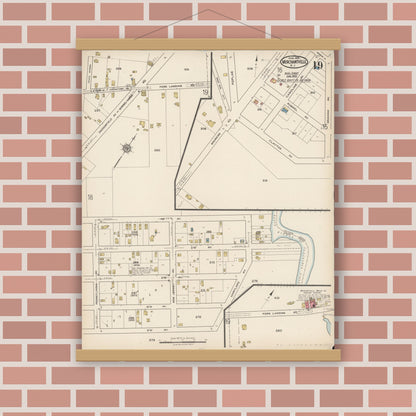 Old map wall art mockup — magnetic wood frame on brick wall — Sanborn Fire Insurance Map from Merchantville, Camden County, New Jersey (1921), Sheet #0019
