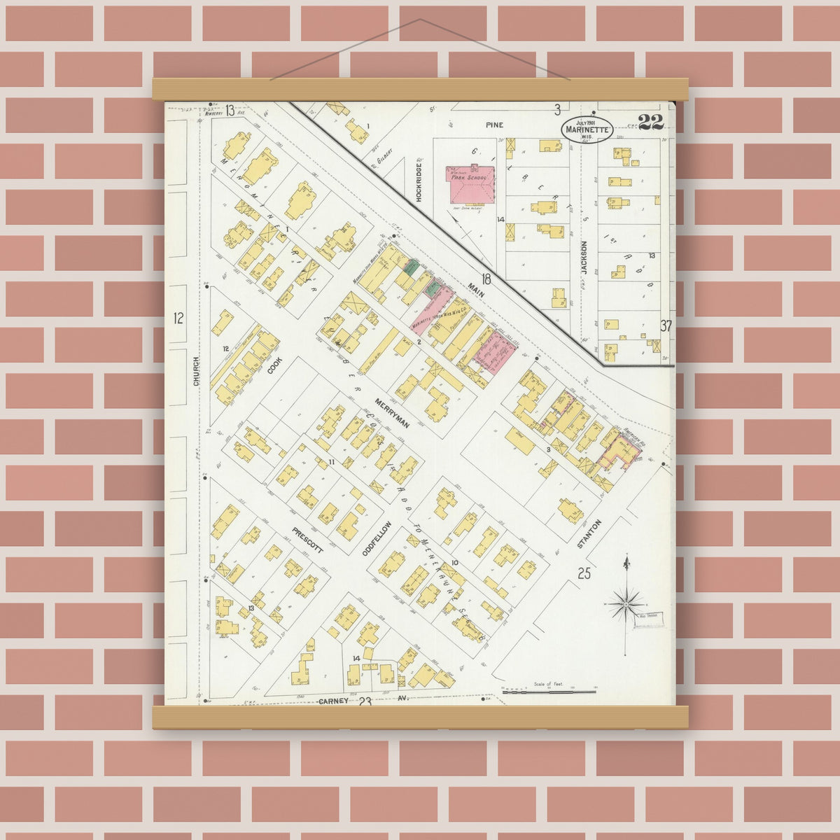 Old map wall art mockup — magnetic wood frame on brick wall — Sanborn Fire Insurance Map from Marinette, Marinette County, Wisconsin (1901), Sheet #0022