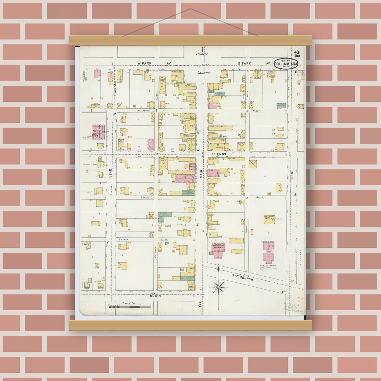 Old map wall art mockup — magnetic wood frame on brick wall — Sanborn Fire Insurance Map from Columbiana, Columbiana County, Ohio (1896), Sheet #0002