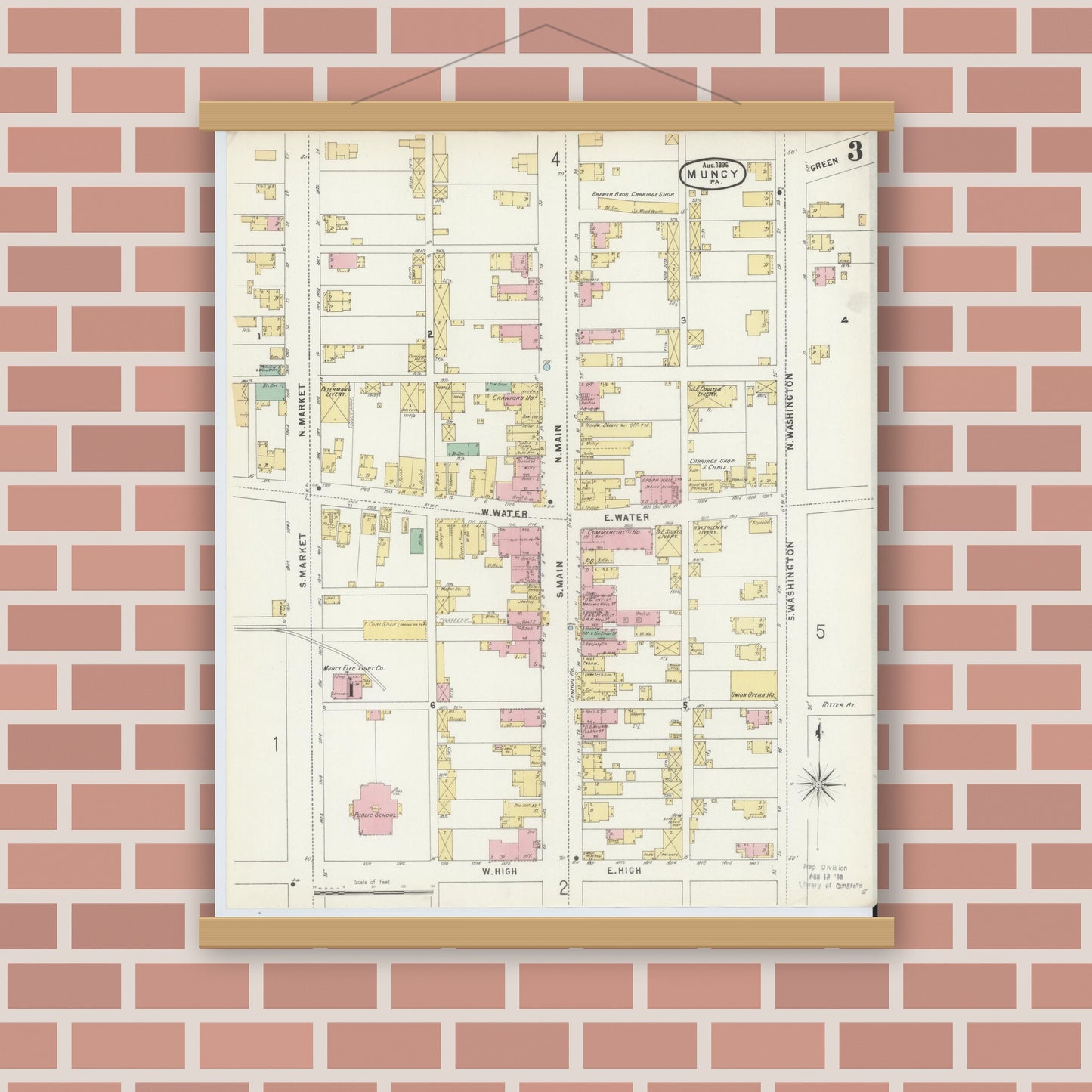 Old map wall art mockup — magnetic wood frame on brick wall — Sanborn Fire Insurance Map from Muncy, Lycoming County, Pennsylvania (1896), Sheet #0003