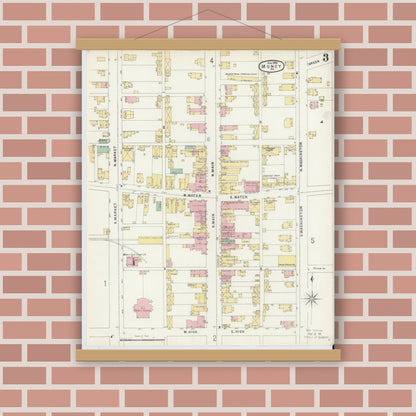Old map wall art mockup — magnetic wood frame on brick wall — Sanborn Fire Insurance Map from Muncy, Lycoming County, Pennsylvania (1896), Sheet #0003
