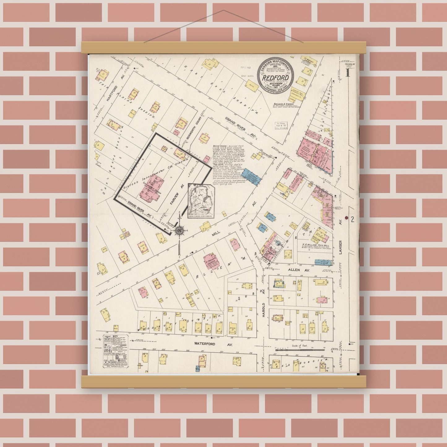 Old map wall art mockup — magnetic wood frame on brick wall — Sanborn Fire Insurance Map from Redford, Wayne County, Michigan (1921) - Complete Map Set