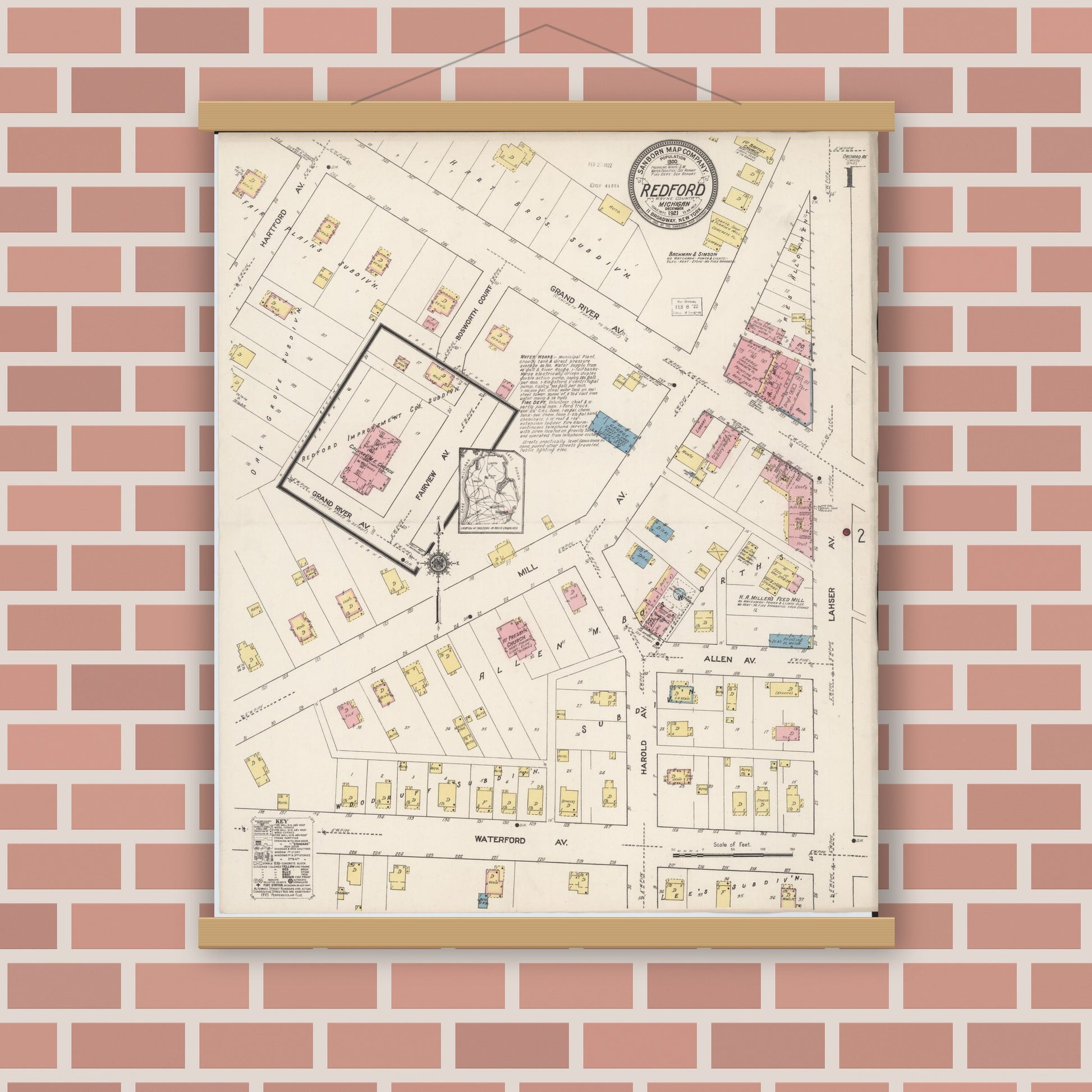 Old map wall art mockup — magnetic wood frame on brick wall — Sanborn Fire Insurance Map from Redford, Wayne County, Michigan (1921) - Complete Map Set