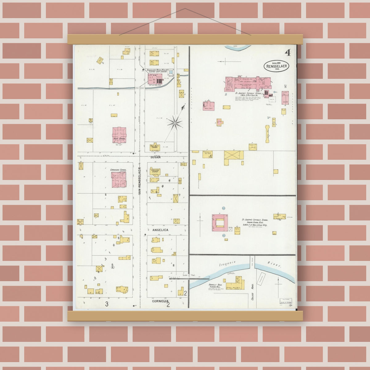 Old map wall art mockup — magnetic wood frame on brick wall — Sanborn Fire Insurance Map from Rensselaer, Jasper County, Indiana (1899), Sheet #0004
