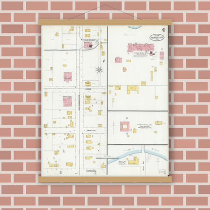 Old map wall art mockup — magnetic wood frame on brick wall — Sanborn Fire Insurance Map from Rensselaer, Jasper County, Indiana (1899), Sheet #0004