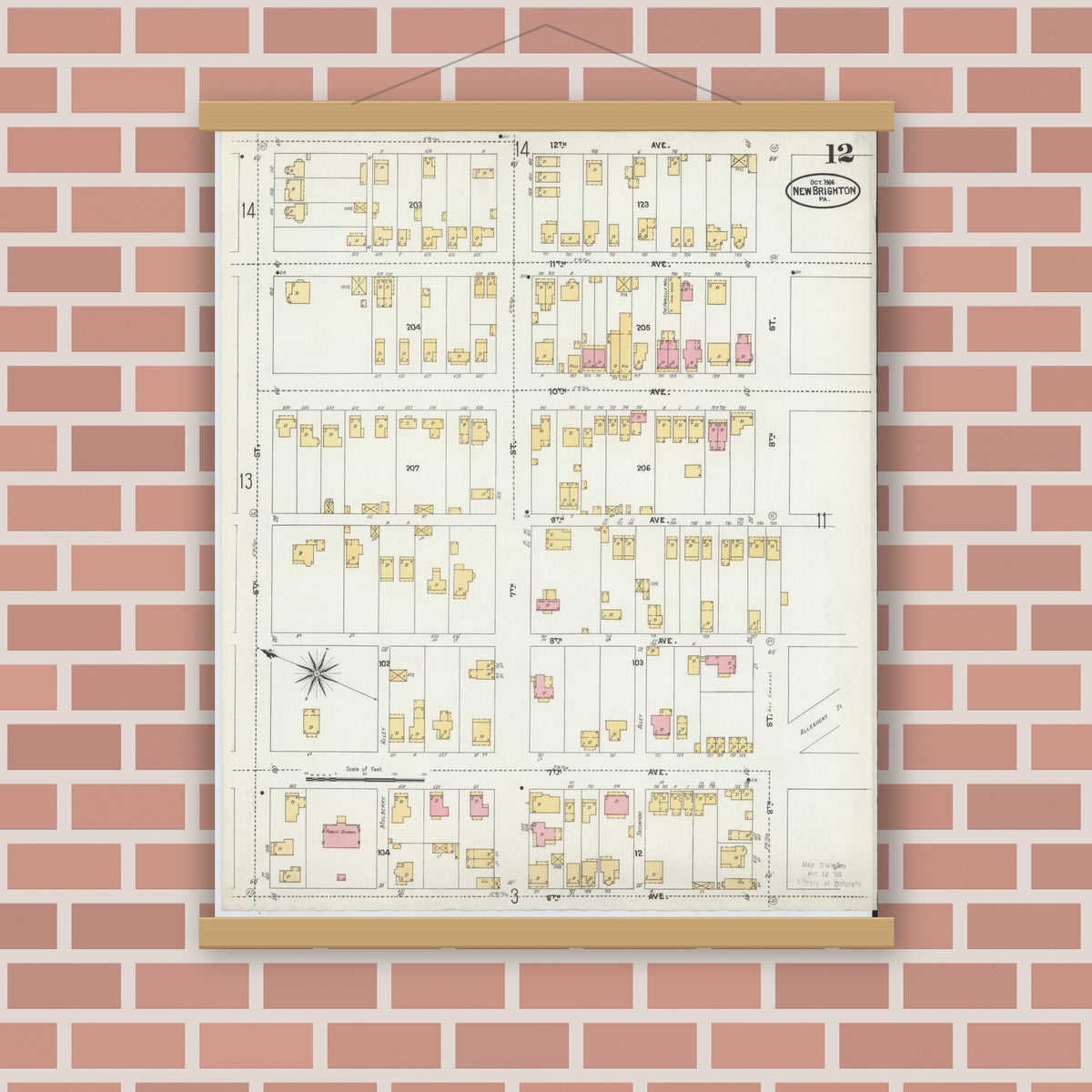 Old map wall art mockup — magnetic wood frame on brick wall — Sanborn Fire Insurance Map from New Brighton, Beaver County, Pennsylvania (1906), Sheet #0012