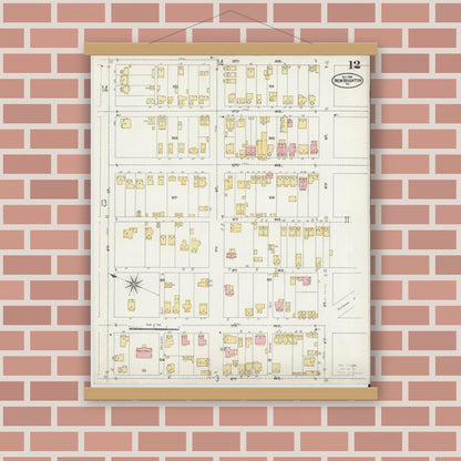 Old map wall art mockup — magnetic wood frame on brick wall — Sanborn Fire Insurance Map from New Brighton, Beaver County, Pennsylvania (1906), Sheet #0012