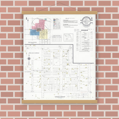 Old map wall art mockup — magnetic wood frame on brick wall — Sanborn Fire Insurance Map from Golden City, Barton County, Missouri (1939) - Complete Map Set