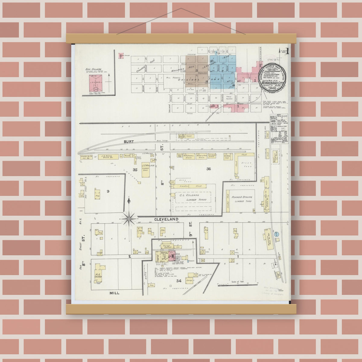 Old map wall art mockup — magnetic wood frame on brick wall — Sanborn Fire Insurance Map from Winnebago, Faribault County, Minnesota (1891), Sheet #0001