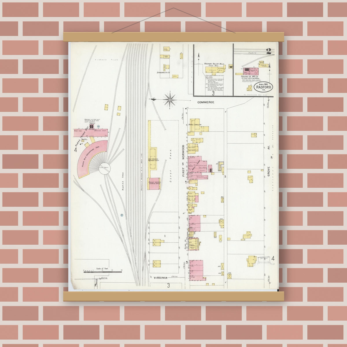Old map wall art mockup — magnetic wood frame on brick wall — Sanborn Fire Insurance Map from Radford, Independent Cities, Virginia (1908), Sheet #0002