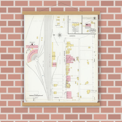 Old map wall art mockup — magnetic wood frame on brick wall — Sanborn Fire Insurance Map from Radford, Independent Cities, Virginia (1908), Sheet #0002