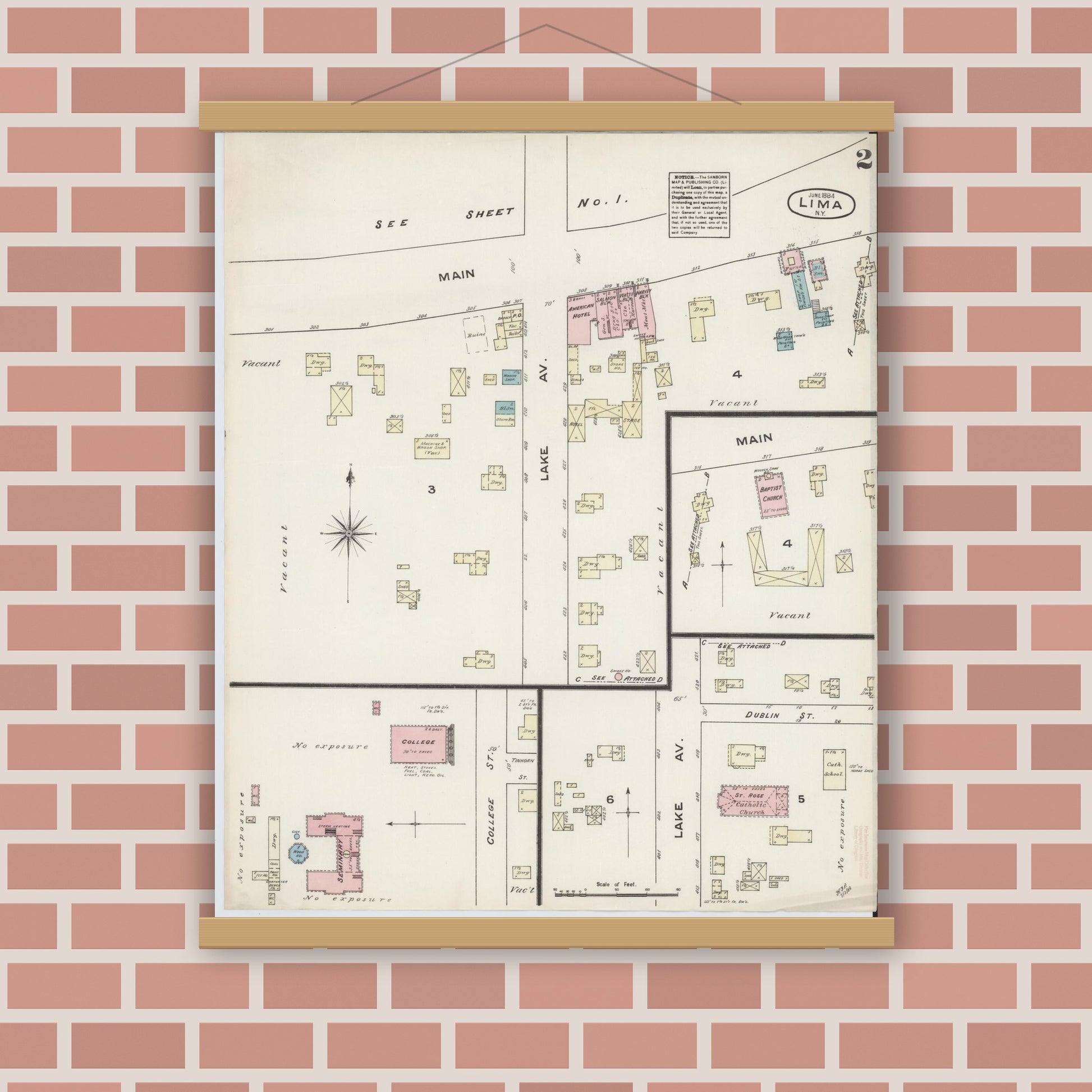Old map wall art mockup — magnetic wood frame on brick wall — Sanborn Fire Insurance Map from Lima, Livingston County, New York (1884), Sheet #0002