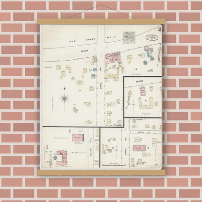 Old map wall art mockup — magnetic wood frame on brick wall — Sanborn Fire Insurance Map from Lima, Livingston County, New York (1884), Sheet #0002