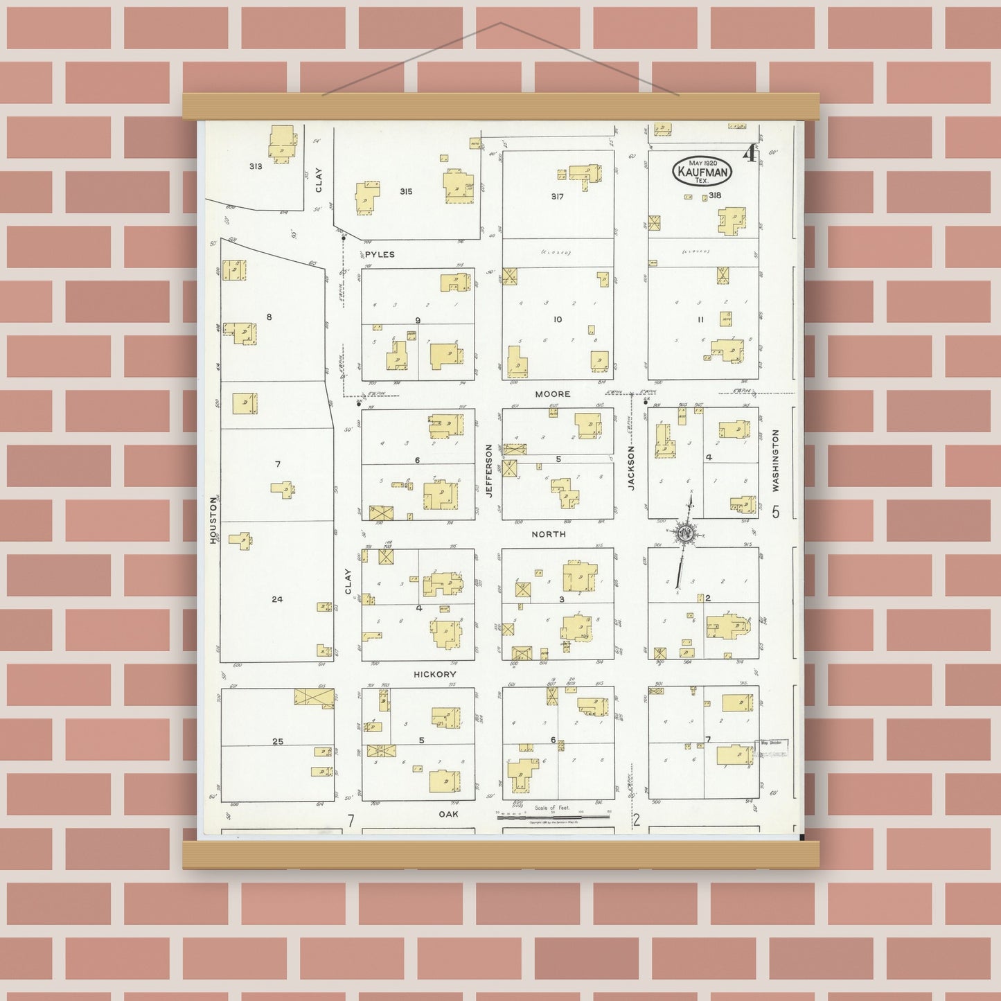 Old map wall art mockup — magnetic wood frame on brick wall — Sanborn Fire Insurance Map from Kaufman, Kaufman County, Texas (1920), Sheet #0004