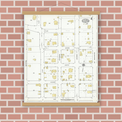 Old map wall art mockup — magnetic wood frame on brick wall — Sanborn Fire Insurance Map from Kaufman, Kaufman County, Texas (1920), Sheet #0004