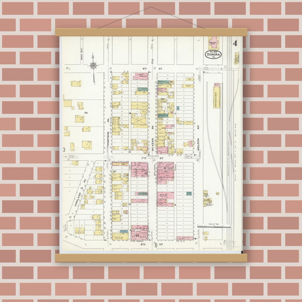 Old map wall art mockup — magnetic wood frame on brick wall — Sanborn Fire Insurance Map from Donora, Washington County, Pennsylvania (1909), Sheet #0004
