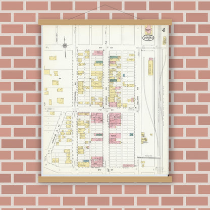 Old map wall art mockup — magnetic wood frame on brick wall — Sanborn Fire Insurance Map from Donora, Washington County, Pennsylvania (1909), Sheet #0004
