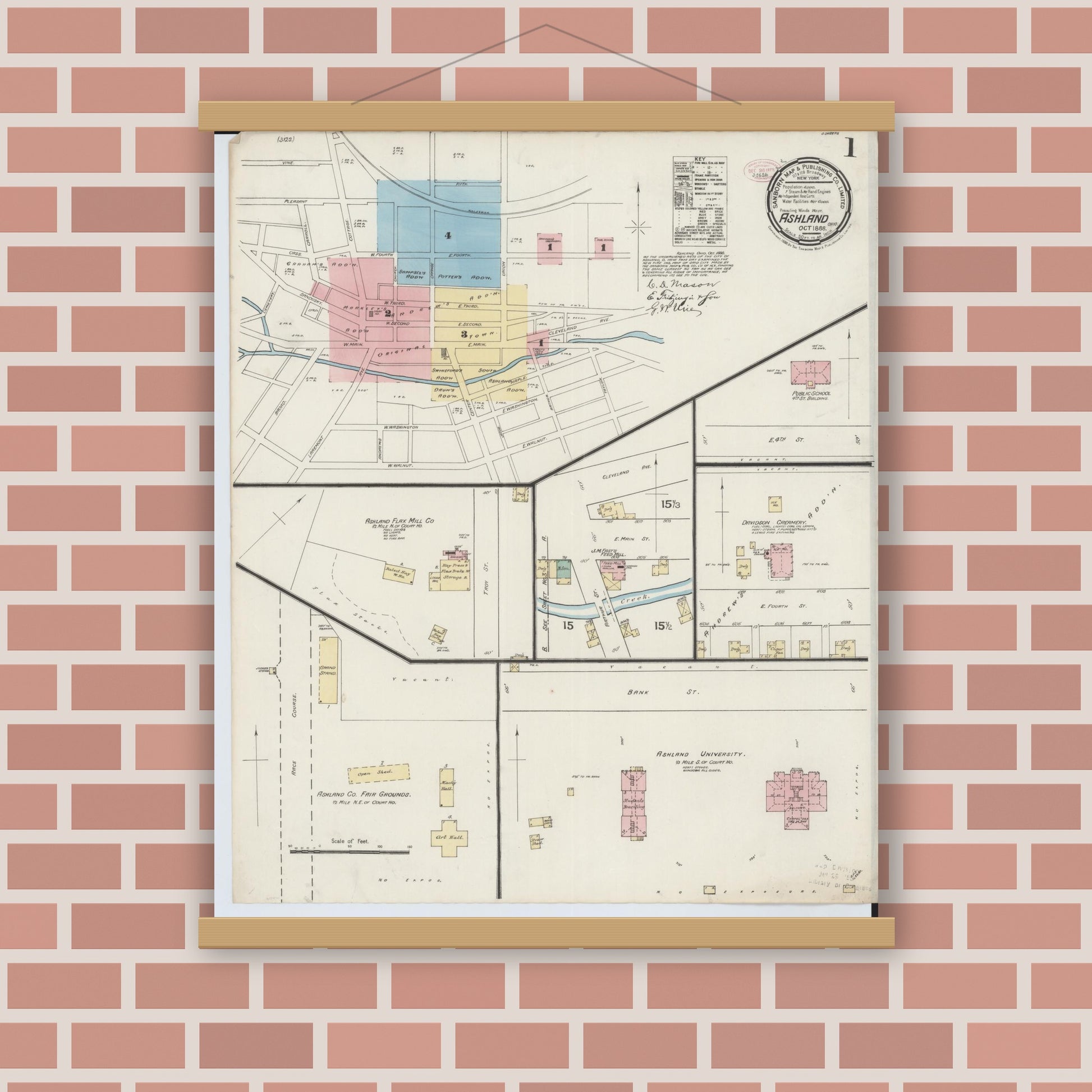Old map wall art mockup — magnetic wood frame on brick wall — Sanborn Fire Insurance Map from Ashland, Ashland County, Ohio (1888), Sheet #0001