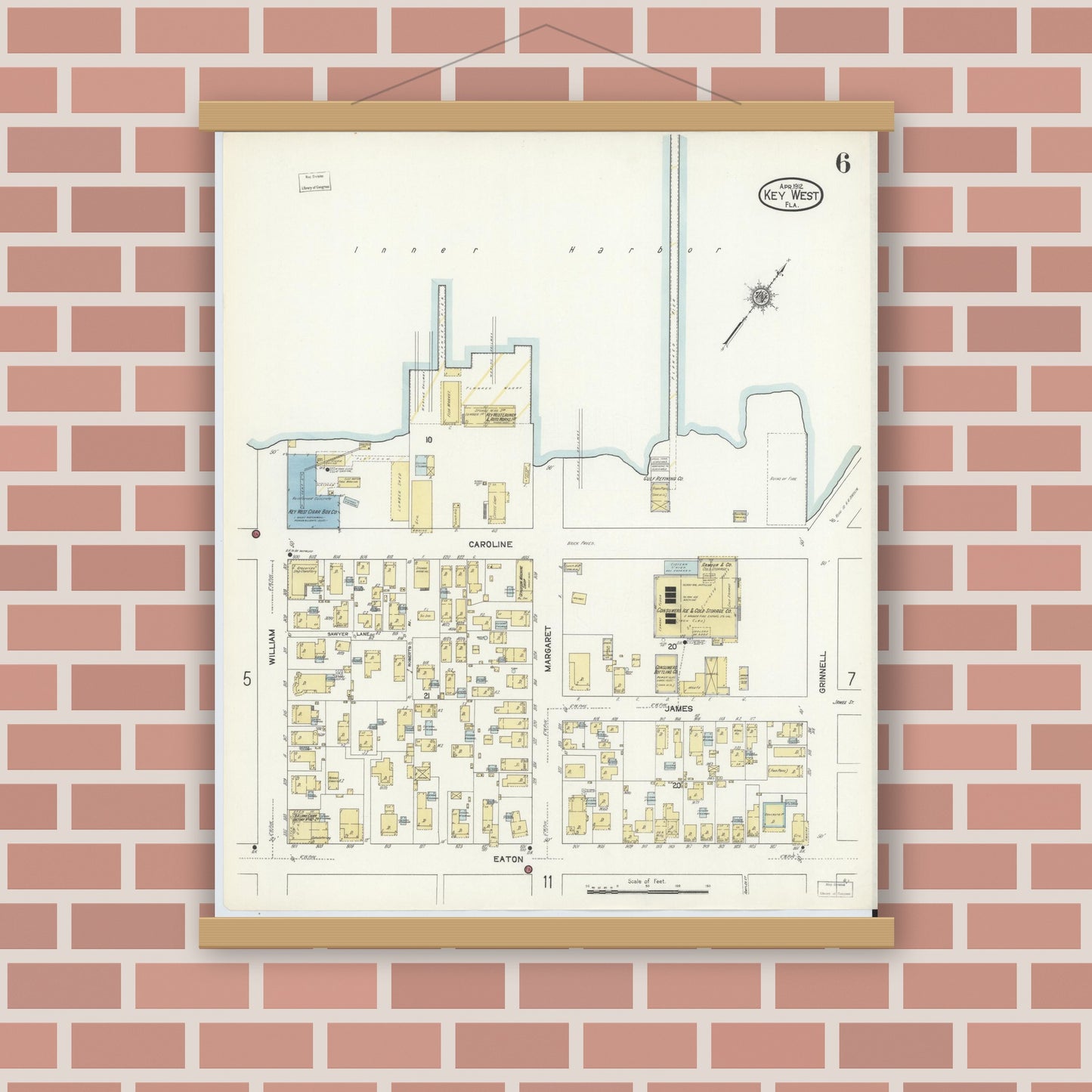 Old map wall art mockup — magnetic wood frame on brick wall — Sanborn Fire Insurance Map from Key West, Monroe County, Florida (1912), Sheet #0006