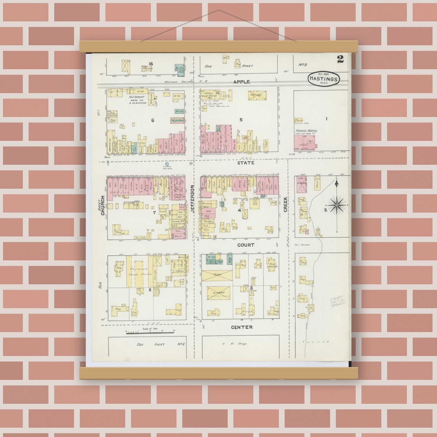 Old map wall art mockup — magnetic wood frame on brick wall — Sanborn Fire Insurance Map from Hastings, Barry County, Michigan (1891), Sheet #0002