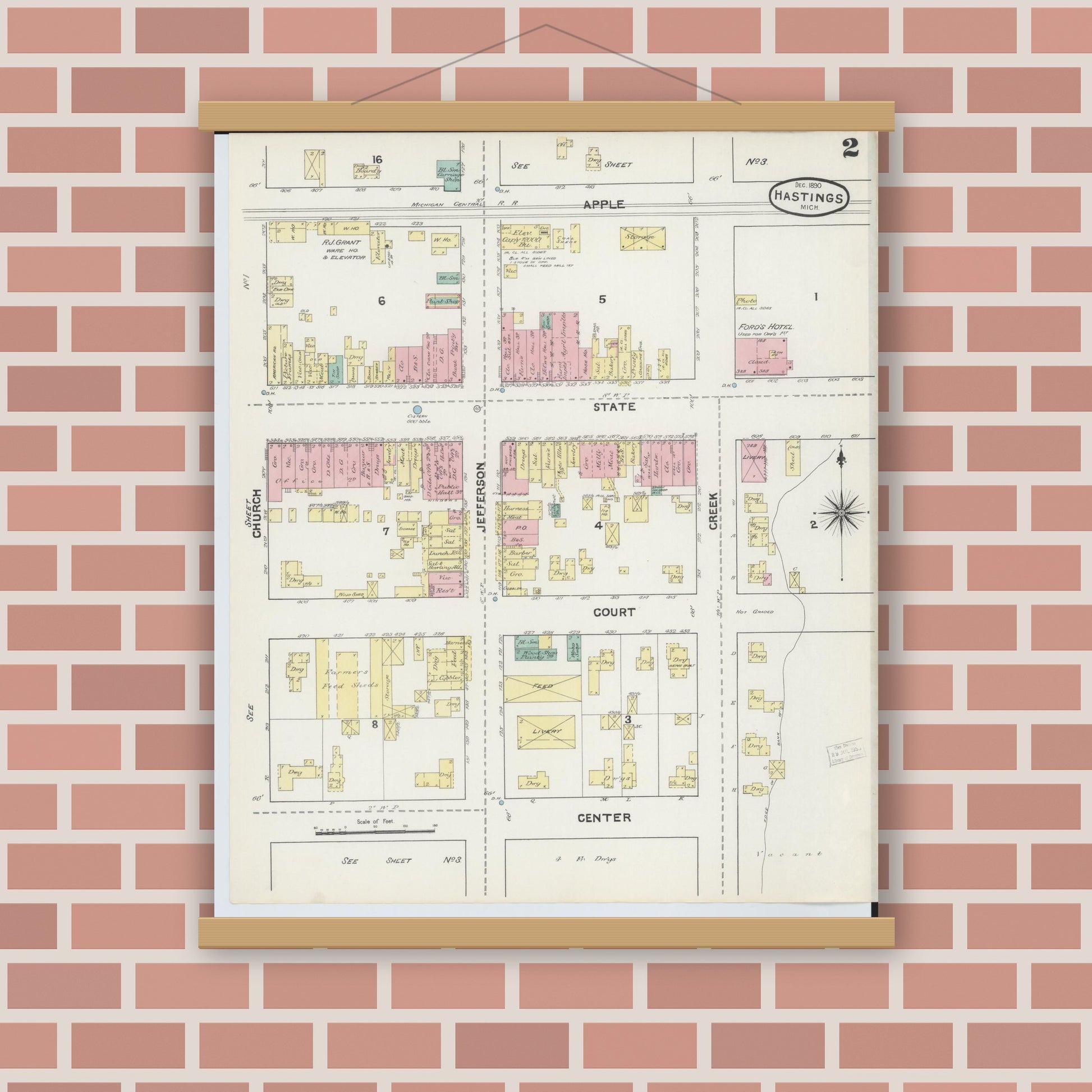 Old map wall art mockup — magnetic wood frame on brick wall — Sanborn Fire Insurance Map from Hastings, Barry County, Michigan (1891), Sheet #0002