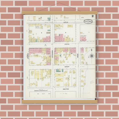 Old map wall art mockup — magnetic wood frame on brick wall — Sanborn Fire Insurance Map from Hastings, Barry County, Michigan (1891), Sheet #0002