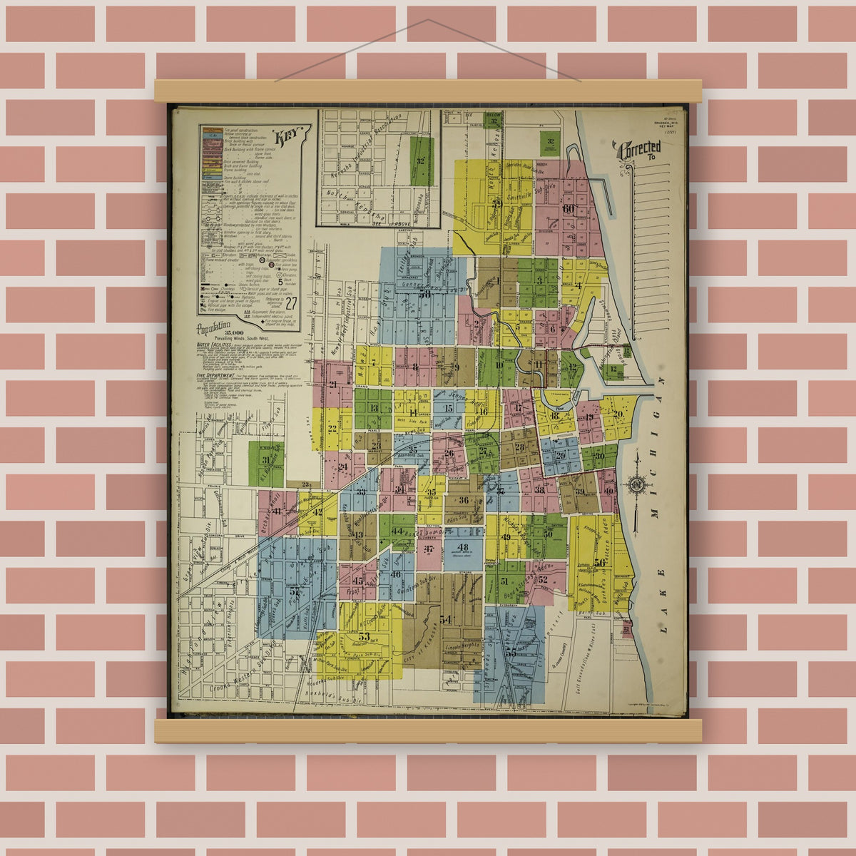 Old map wall art mockup — magnetic wood frame on brick wall — Sanborn Fire Insurance Map from Kenosha, Kenosha County, Wisconsin. (1918), Sheet 4