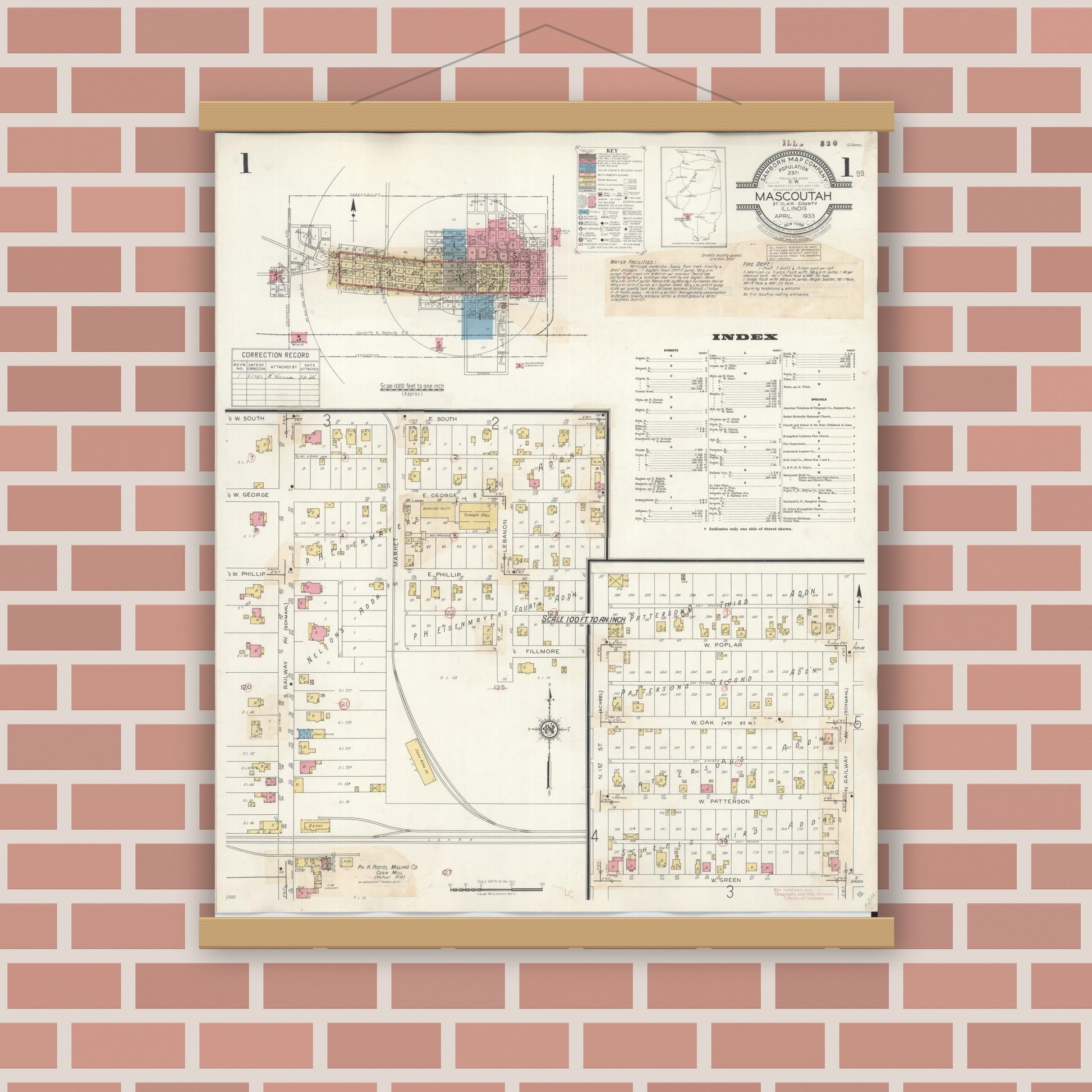 Old map wall art mockup — magnetic wood frame on brick wall — Sanborn Fire Insurance Map from Mascoutah, Saint Clair County, Illinois (1942) - Complete Map Set