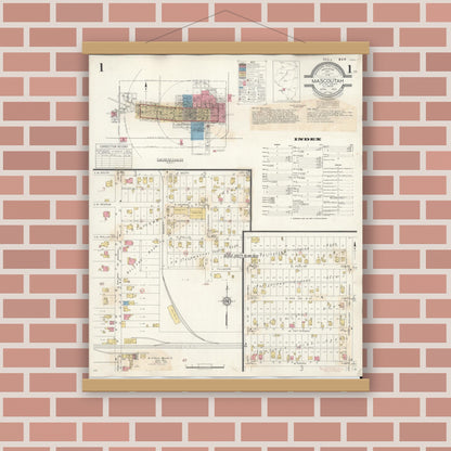 Old map wall art mockup — magnetic wood frame on brick wall — Sanborn Fire Insurance Map from Mascoutah, Saint Clair County, Illinois (1942) - Complete Map Set