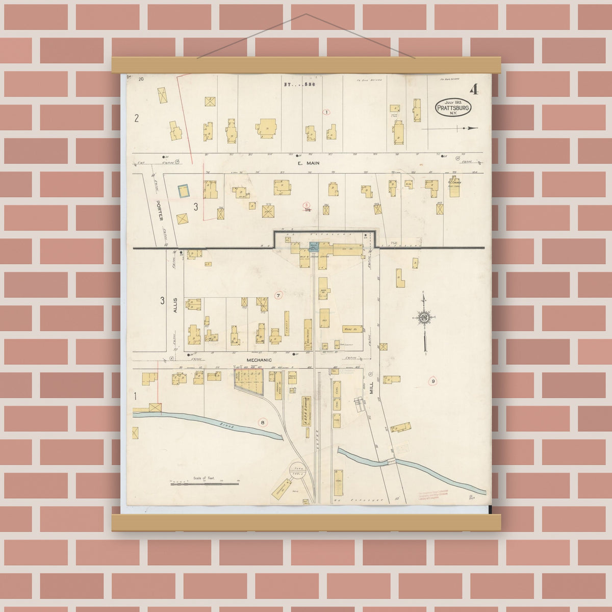 Old map wall art mockup — magnetic wood frame on brick wall — Sanborn Fire Insurance Map from Prattsburgh, Steuben County, New York (1934), Sheet #0004