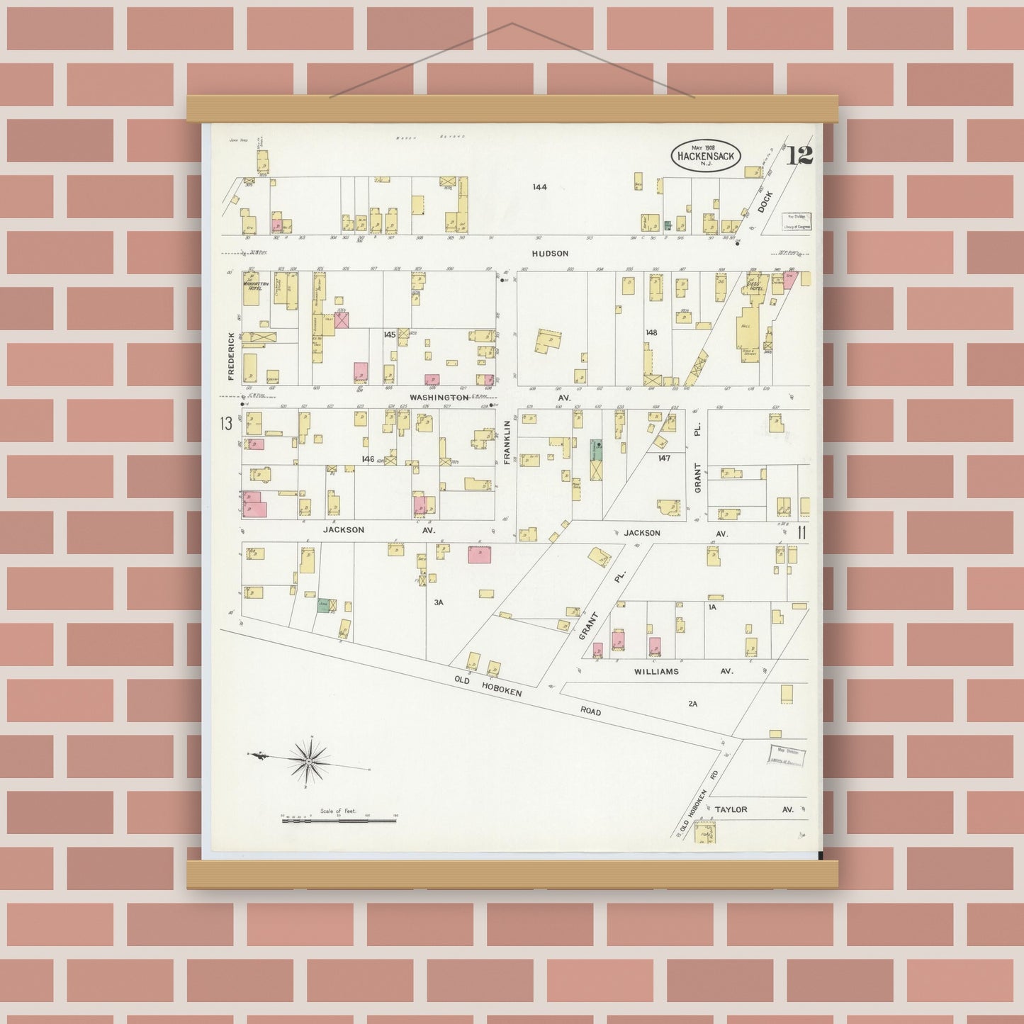 Old map wall art mockup — magnetic wood frame on brick wall — Sanborn Fire Insurance Map from Hackensack, Bergen County, New Jersey (1908), Sheet #0012