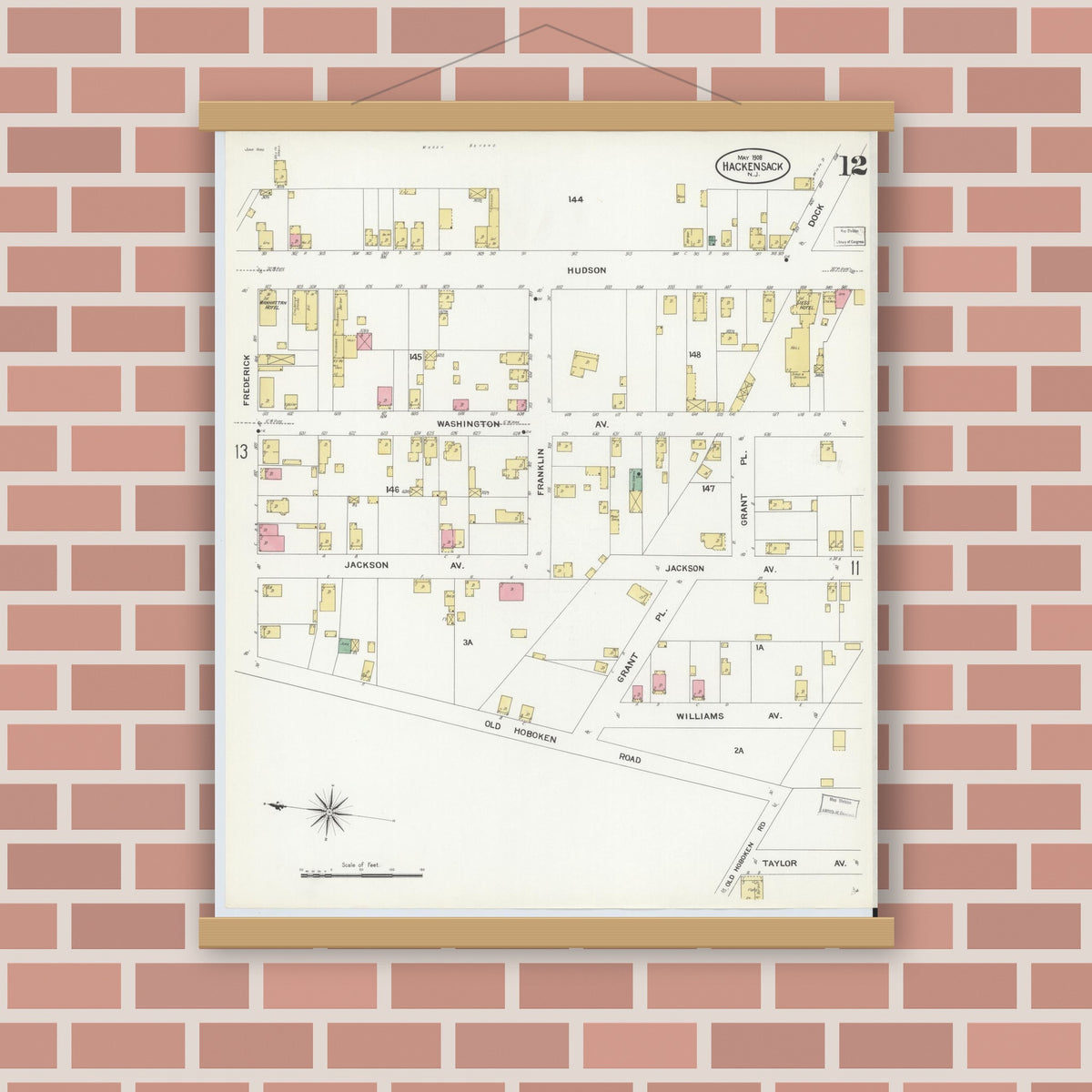 Old map wall art mockup — magnetic wood frame on brick wall — Sanborn Fire Insurance Map from Hackensack, Bergen County, New Jersey (1908), Sheet #0012
