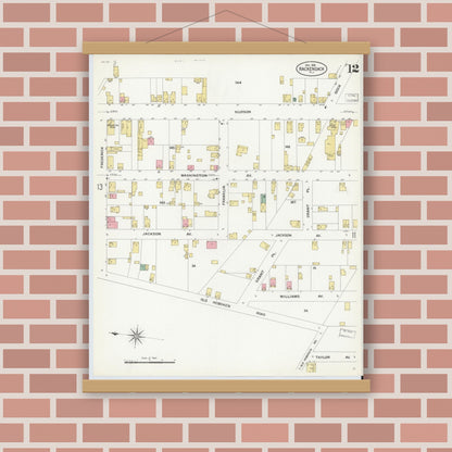 Old map wall art mockup — magnetic wood frame on brick wall — Sanborn Fire Insurance Map from Hackensack, Bergen County, New Jersey (1908), Sheet #0012