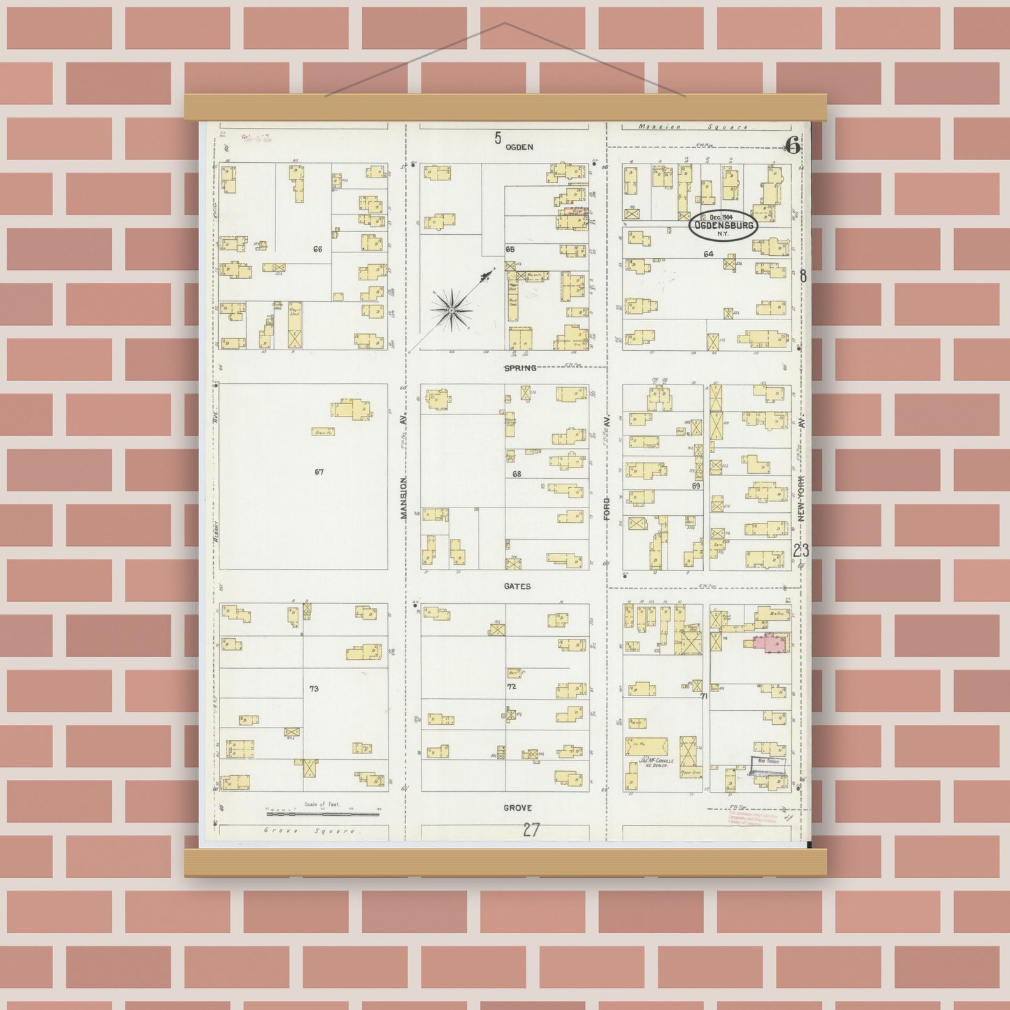 Old map wall art mockup — magnetic wood frame on brick wall — Sanborn Fire Insurance Map from Ogdensburg, St. Lawrence County, New York (1904), Sheet #0006