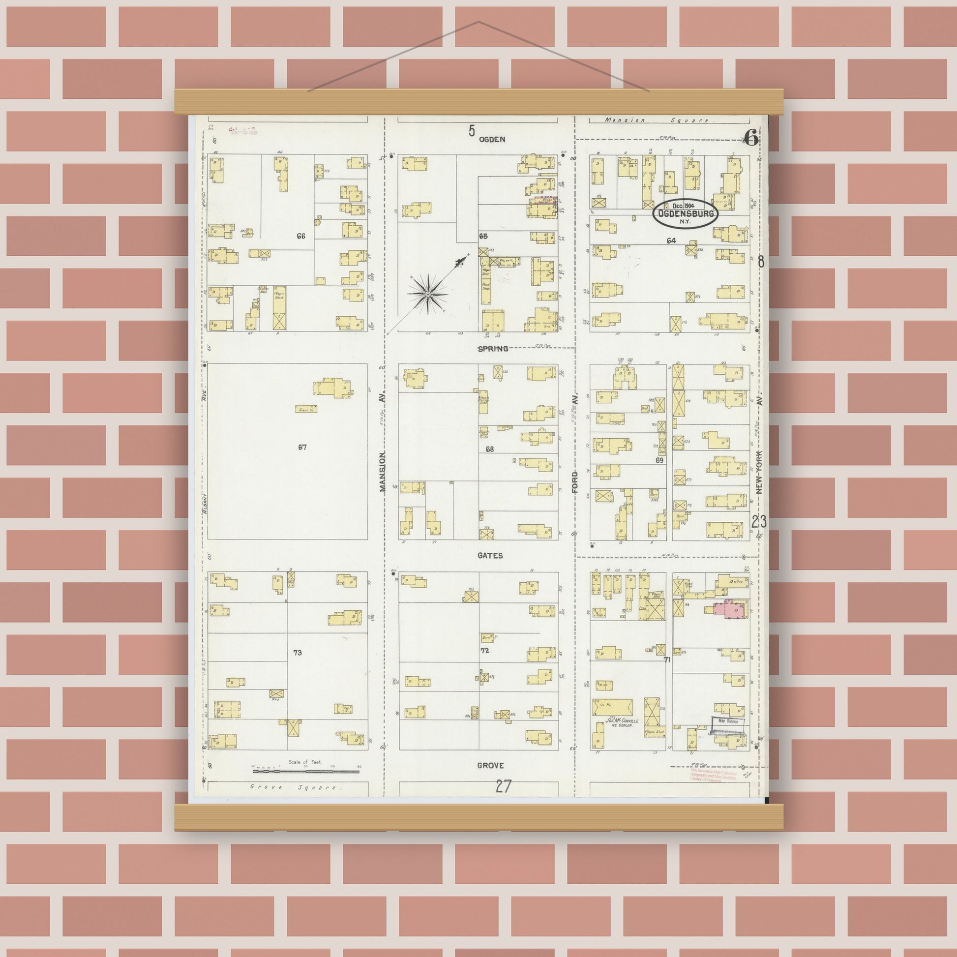 Old map wall art mockup — magnetic wood frame on brick wall — Sanborn Fire Insurance Map from Ogdensburg, St. Lawrence County, New York (1904), Sheet #0006