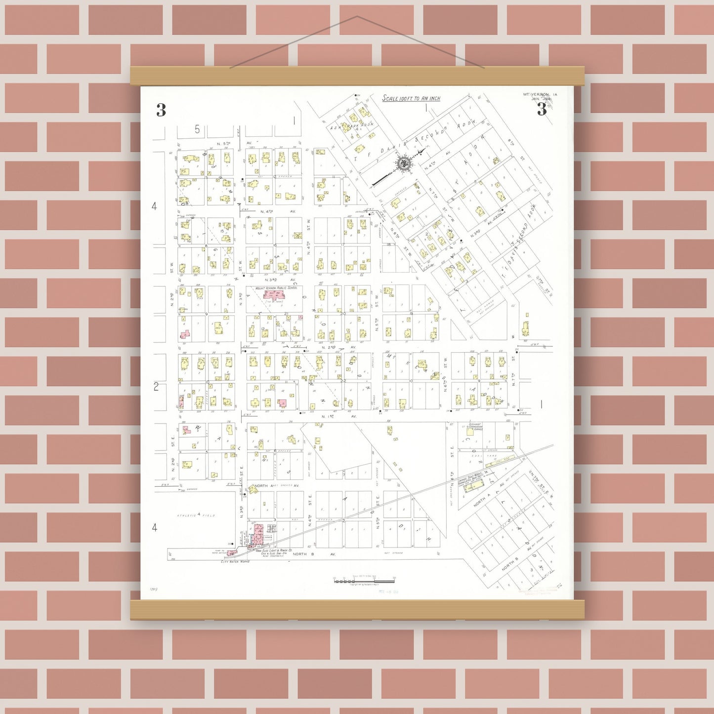 Old map wall art mockup — magnetic wood frame on brick wall — Sanborn Fire Insurance Map from Mount Vernon, Linn County, Iowa (1941), Sheet #0003