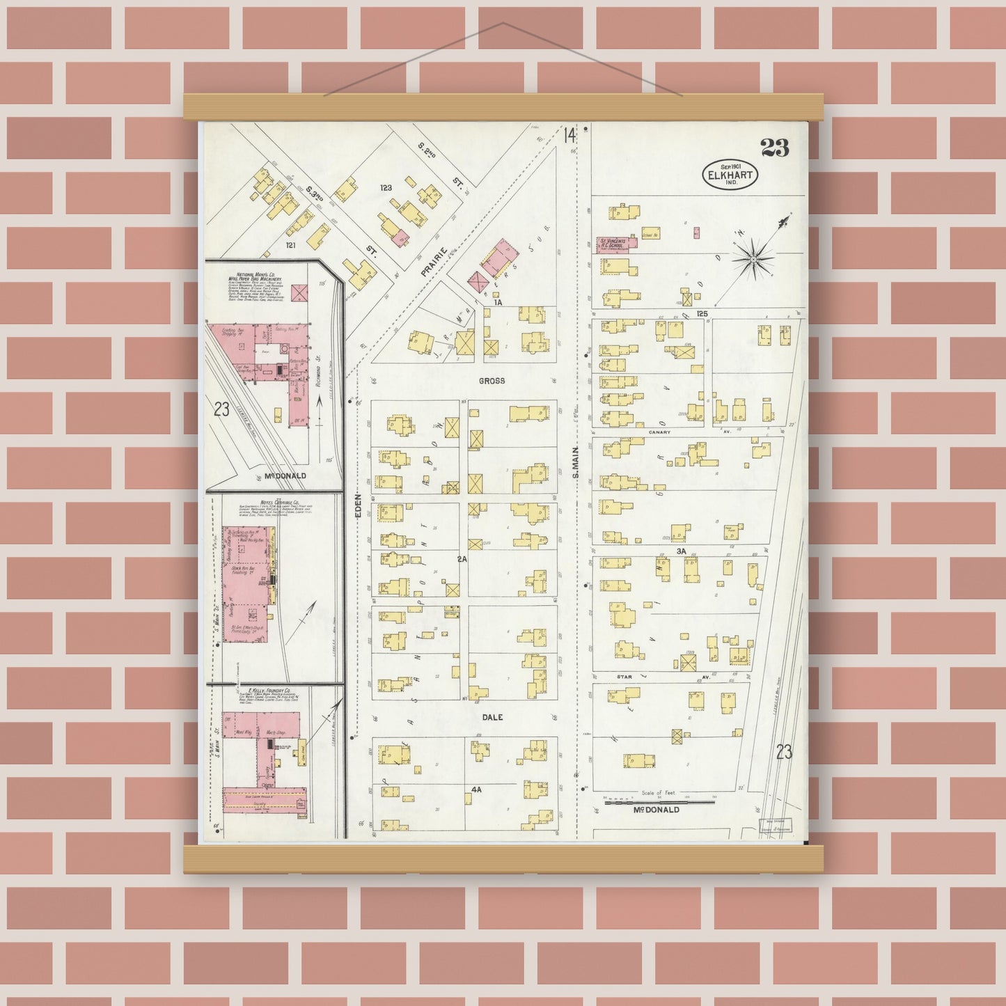 Old map wall art mockup — magnetic wood frame on brick wall — Sanborn Fire Insurance Map from Elkhart, Elkhart County, Indiana (1901), Sheet #0023