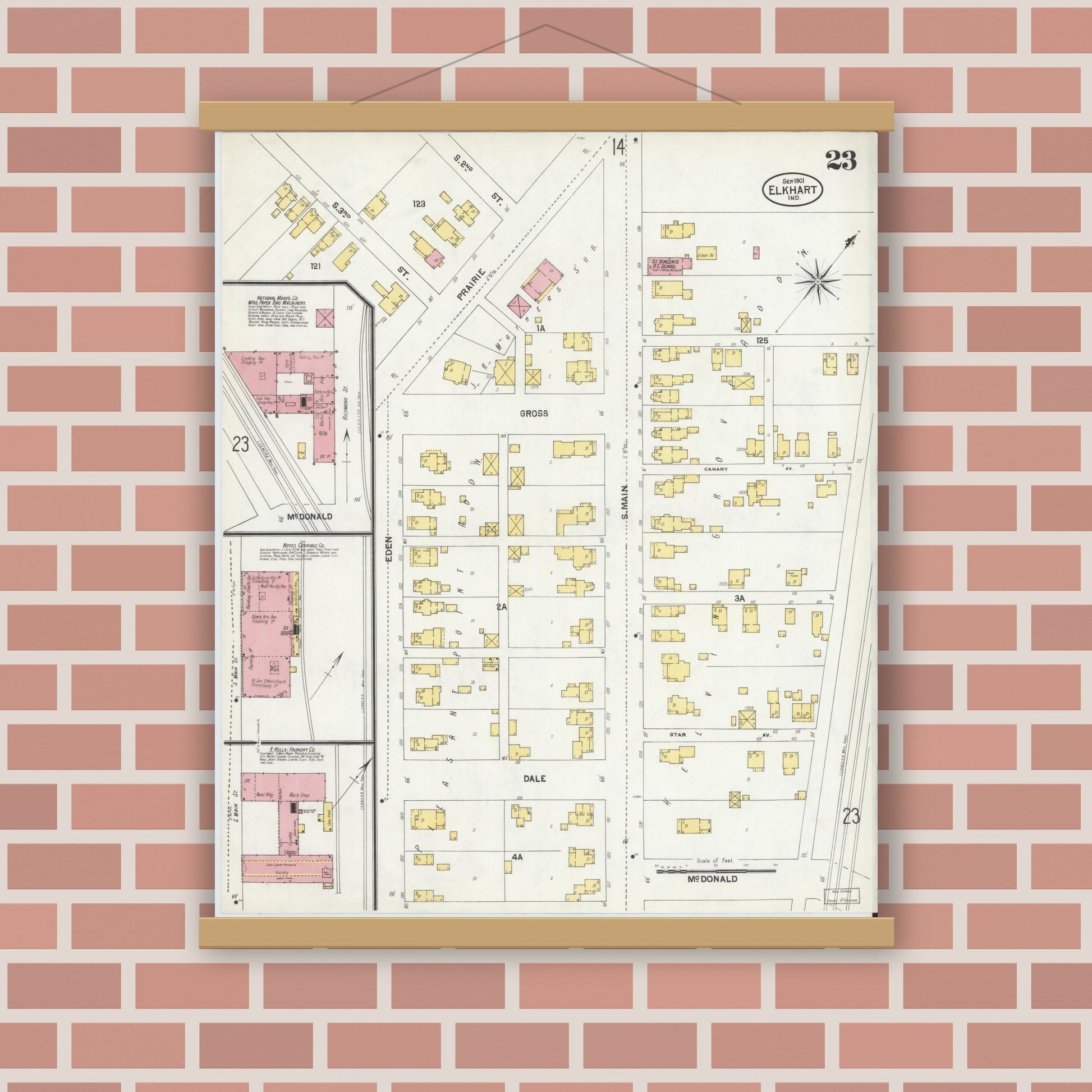 Old map wall art mockup — magnetic wood frame on brick wall — Sanborn Fire Insurance Map from Elkhart, Elkhart County, Indiana (1901), Sheet #0023