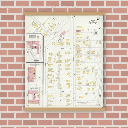 Old map wall art mockup — magnetic wood frame on brick wall — Sanborn Fire Insurance Map from Elkhart, Elkhart County, Indiana (1901), Sheet #0023