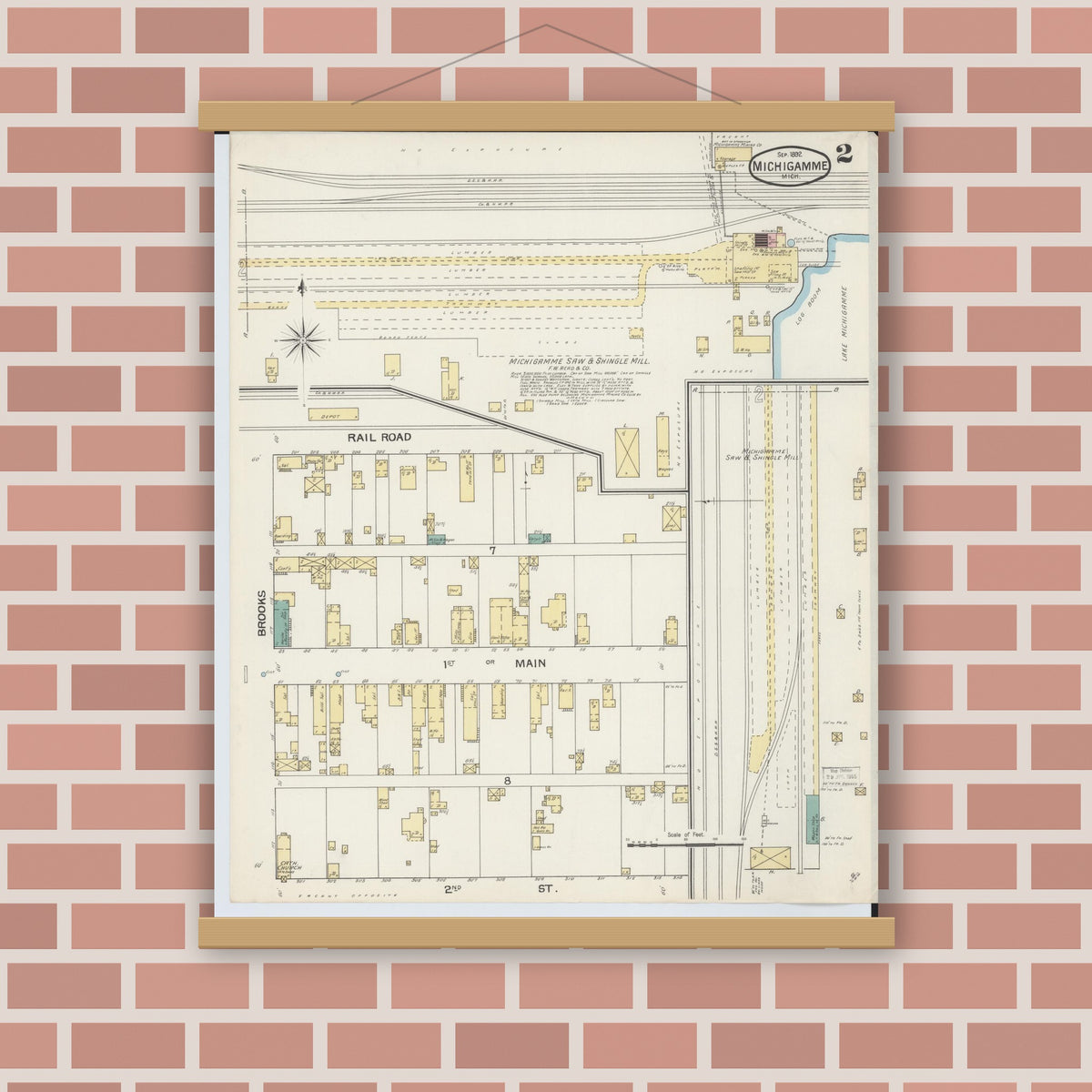 Old map wall art mockup — magnetic wood frame on brick wall — Sanborn Fire Insurance Map from Michigamme, Marquette County, Michigan (1892), Sheet #0002