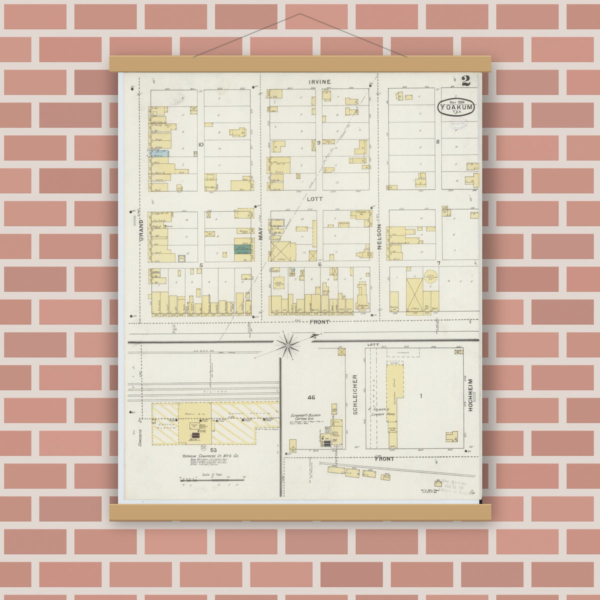 Old map wall art mockup — magnetic wood frame on brick wall — Sanborn Fire Insurance Map from Yoakum, De Witt And Lavaca Counties, Texas (1894), Sheet #0002