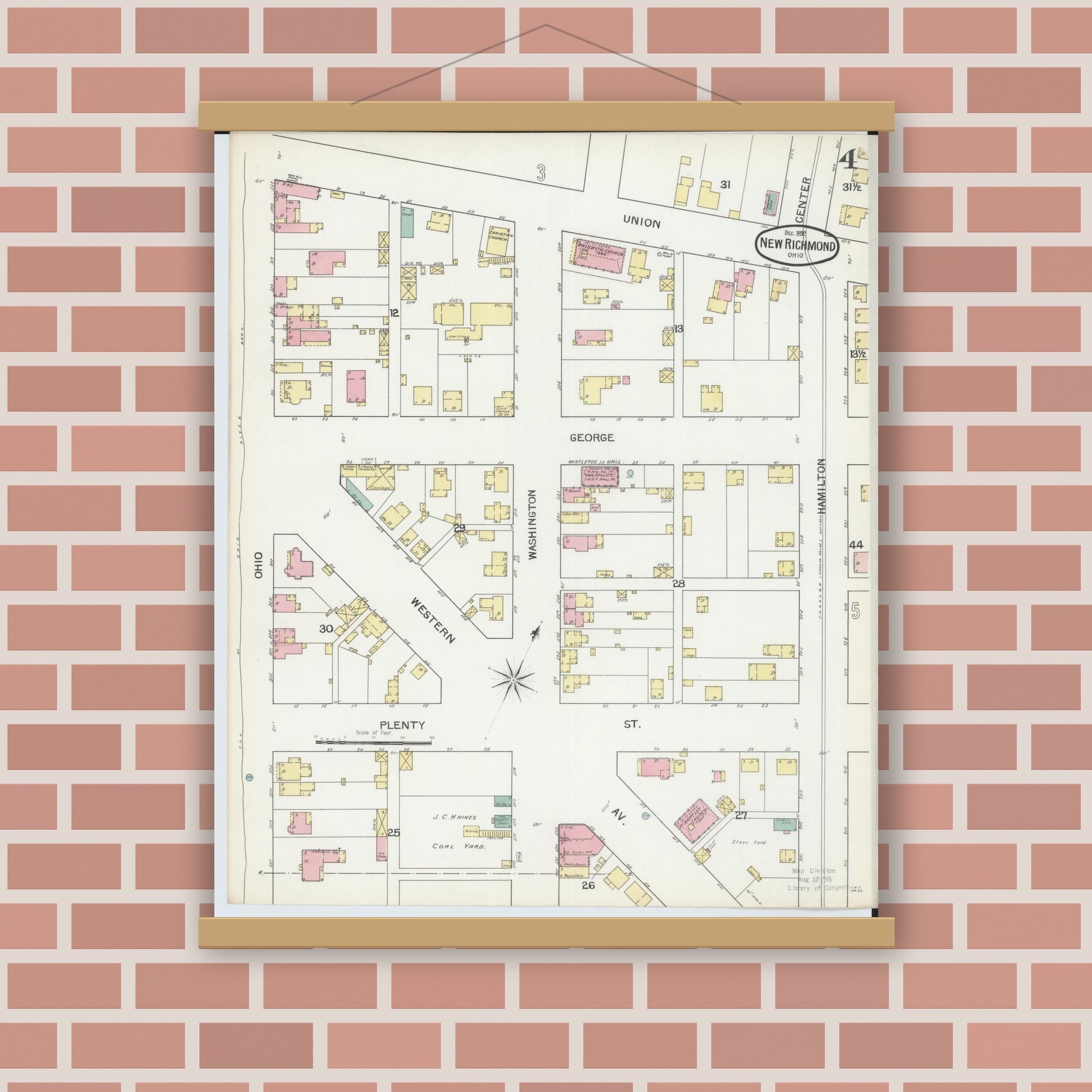 Old map wall art mockup — magnetic wood frame on brick wall — Sanborn Fire Insurance Map from New Richmond, Clermont County, Ohio (1892), Sheet #0004