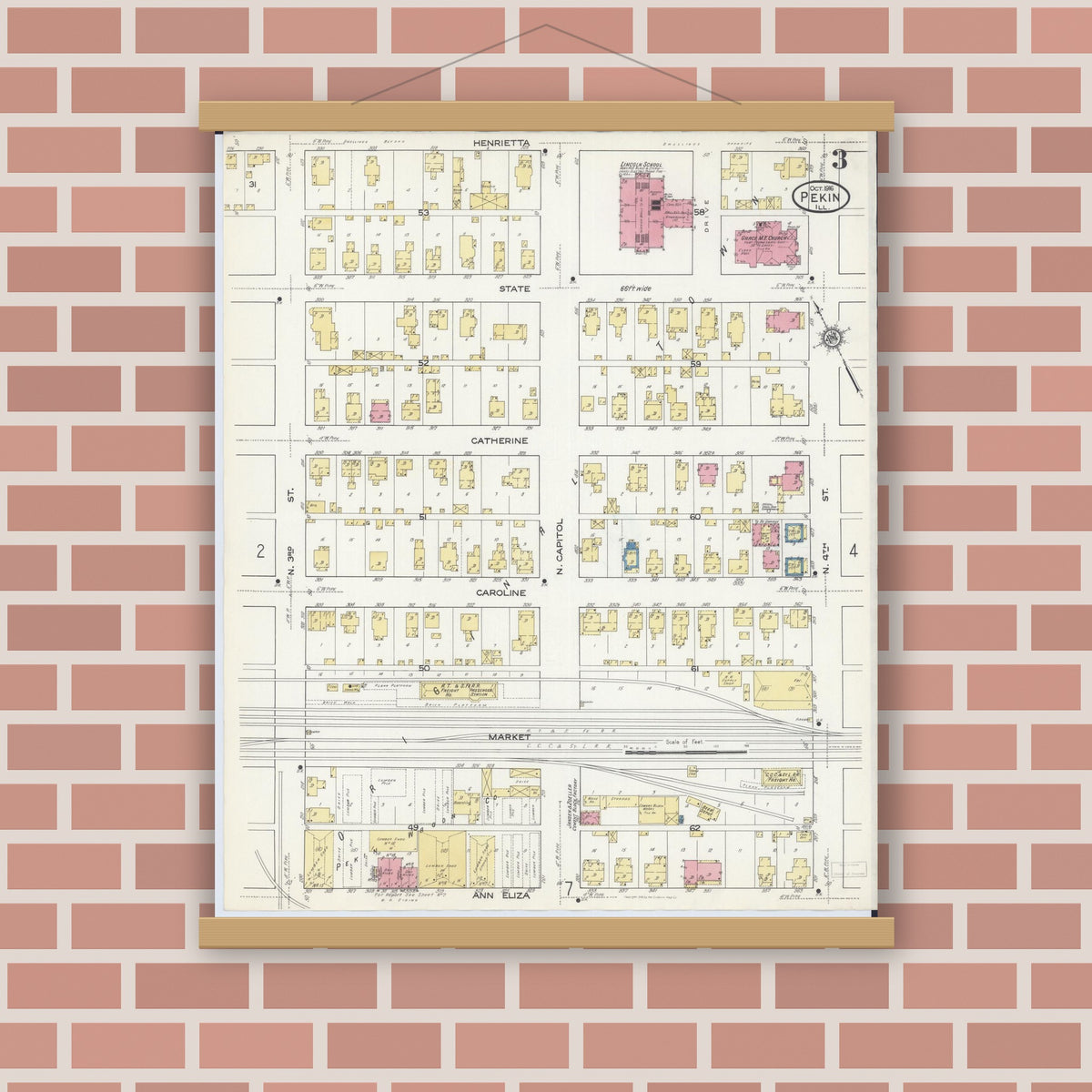 Old map wall art mockup — magnetic wood frame on brick wall — Sanborn Fire Insurance Map from Pekin, Tazewell County, Illinois (1916), Sheet #0003
