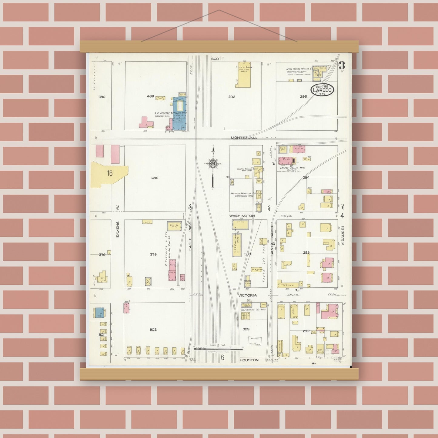 Old map wall art mockup — magnetic wood frame on brick wall — Sanborn Fire Insurance Map from Laredo, Webb County, Texas (1916), Sheet #0003