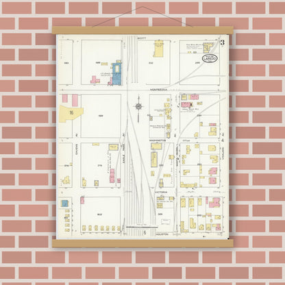 Old map wall art mockup — magnetic wood frame on brick wall — Sanborn Fire Insurance Map from Laredo, Webb County, Texas (1916), Sheet #0003