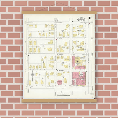 Old map wall art mockup — magnetic wood frame on brick wall — Sanborn Fire Insurance Map from Gainesville, Alachua County, Florida (1913), Sheet #0010