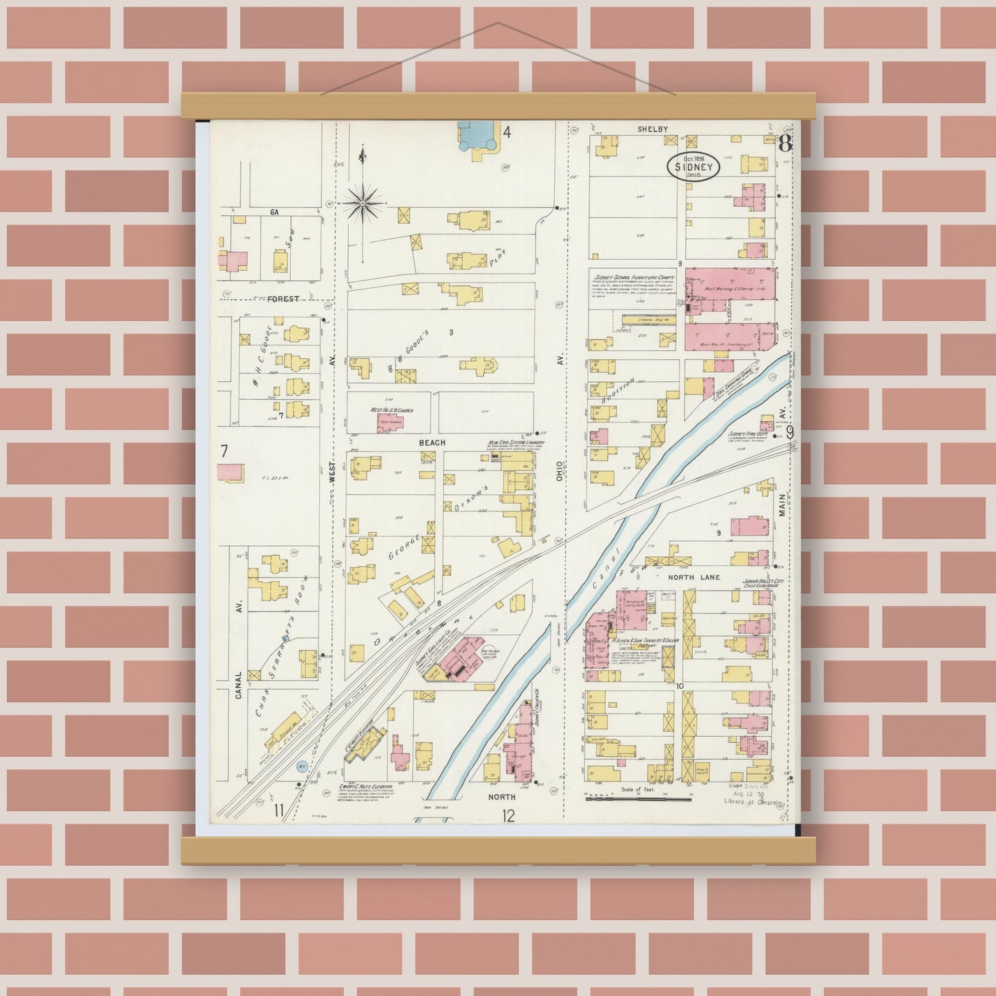 Old map wall art mockup — magnetic wood frame on brick wall — Sanborn Fire Insurance Map from Sidney, Shelby County, Ohio (1898), Sheet #0008